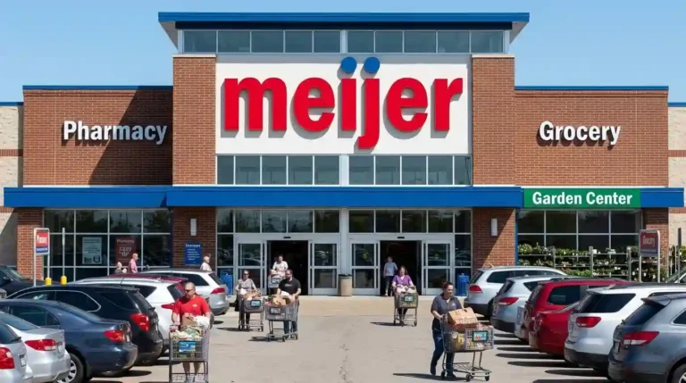 Meijer store aisle stocked with sports nutrition protein powders and electrolyte drinks for athletes