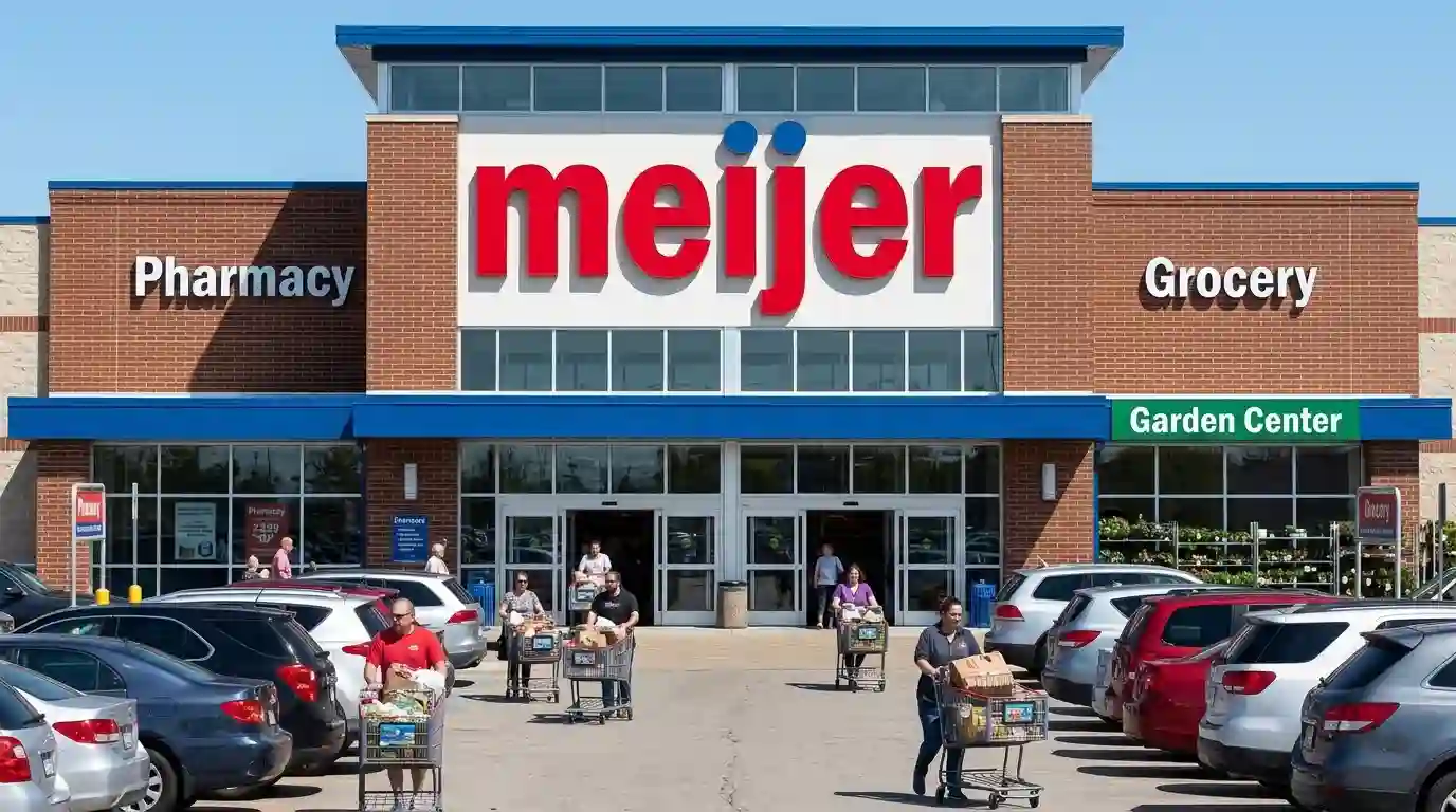 Meijer store aisle stocked with sports nutrition protein powders and electrolyte drinks for athletes