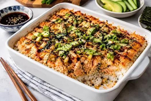 Close-up of sushi bake toppings including furikake, tobiko, sesame seeds, and sliced green onions