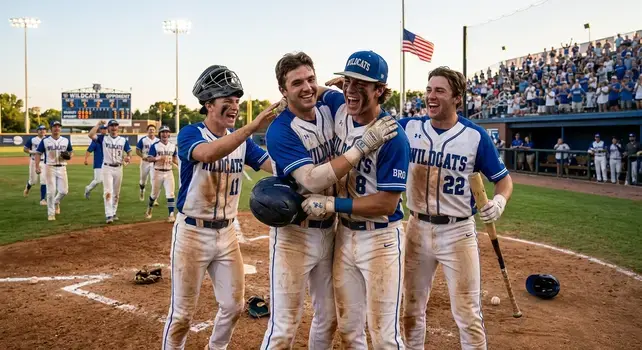 Four baseball players celebrating a win on the field in blue and white uniforms.