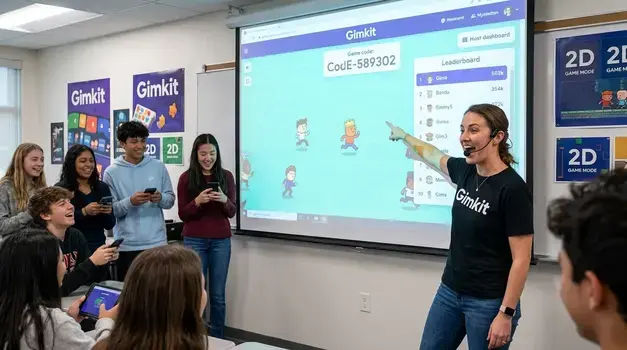Teacher hosting a live Gimkit game in a classroom showing game code and leaderboard on projector screen while students play on mobile devices.