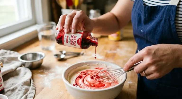Person adding vibrant red food coloring into cake batter bowl with a whisk.