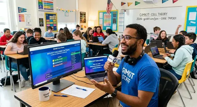 A teacher hosting a Gimkit game on a computer in a lively classroom filled with engaged students using laptops.