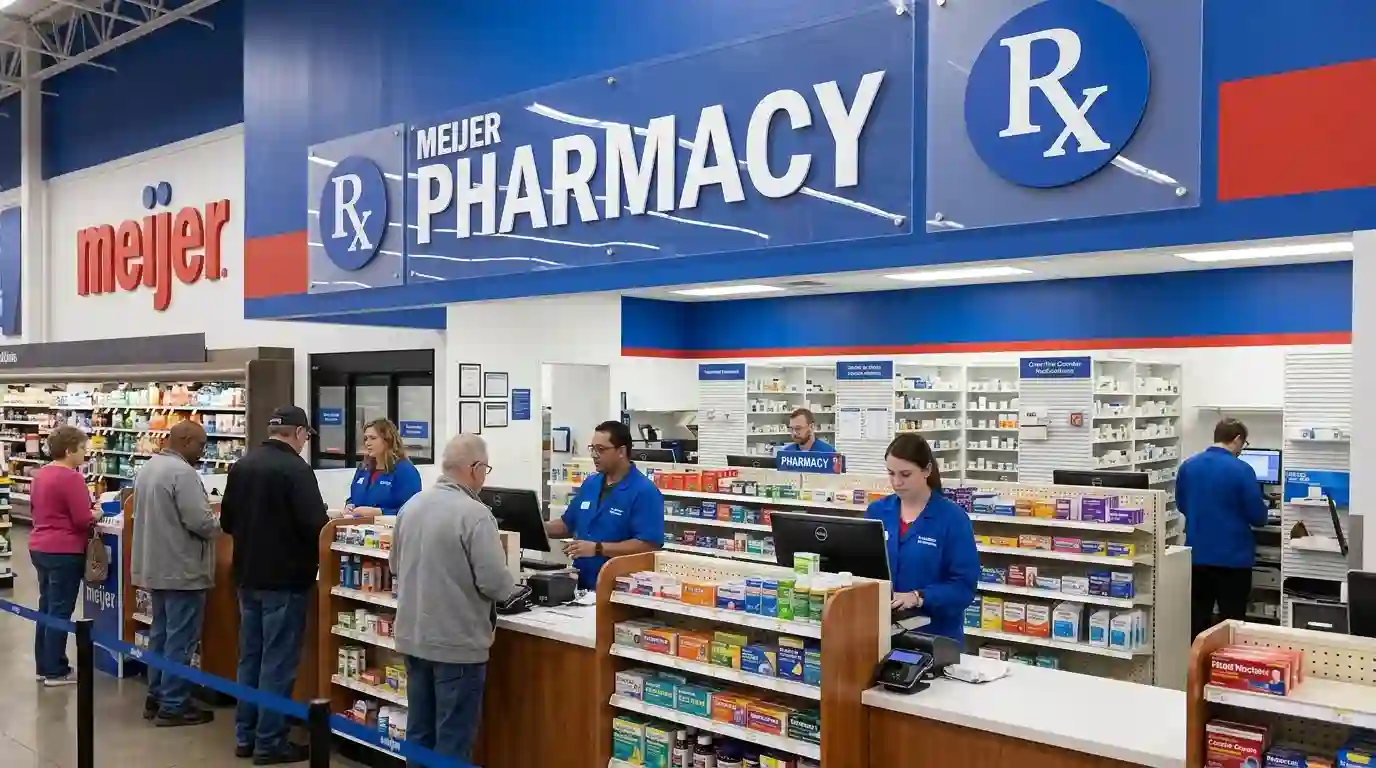 Meijer Pharmacy counter with staff assisting customers inside the store