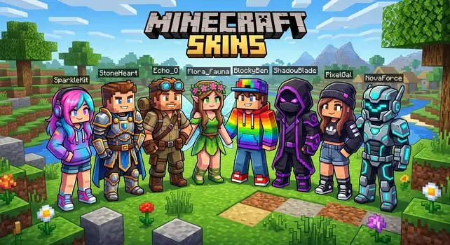 "A collection of diverse Minecraft character skins including a gamer girl, knight, explorer, nature elf, rainbow hoodie player, dark ninja, street fashion girl, and futuristic sci-fi armor standing in a pixelated Minecraft landscape."