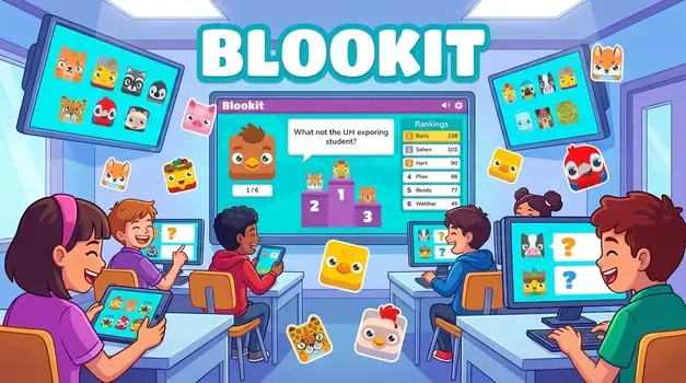 Interactive classroom setting showing students playing Blooket educational games on screens with colorful block characters