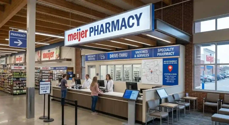 Meijer Pharmacy counter with pharmacists assisting customers, showing location map and drive-thru signage