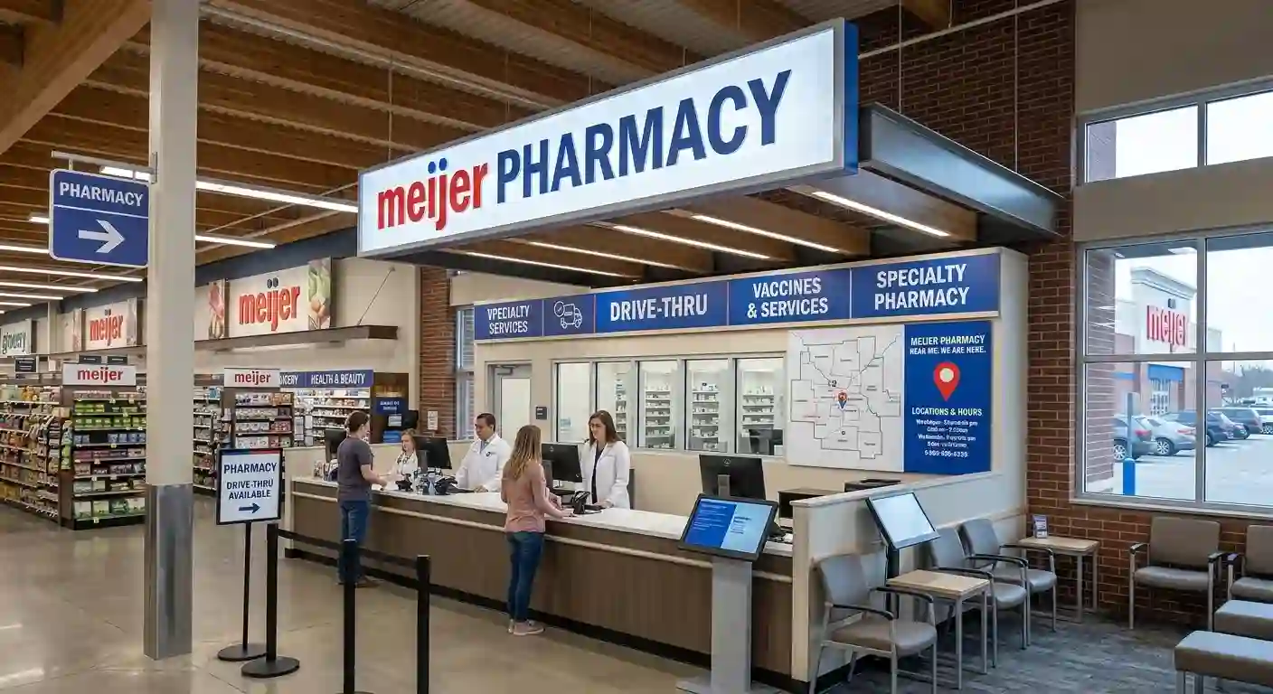 Meijer Pharmacy counter with pharmacists assisting customers, showing location map and drive-thru signage