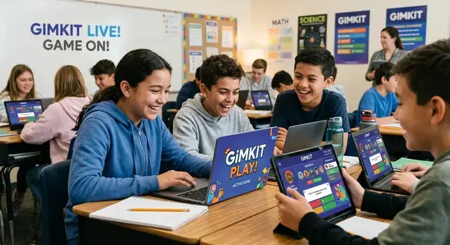 Students playing Gimkit Play educational game on laptops in a classroom