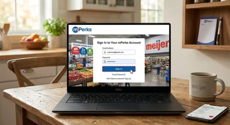 Laptop screen displaying mPerks account login page for Meijer rewards sign in