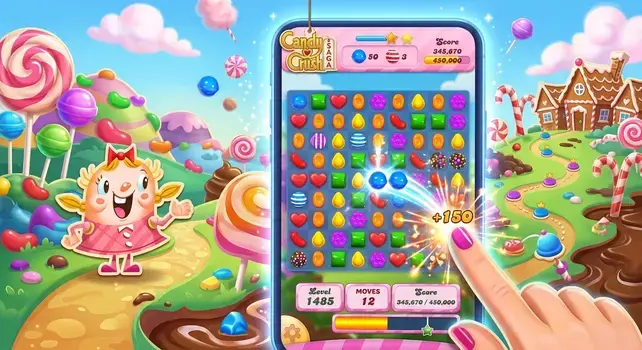 Smartphone screen displaying Candy Crush Saga gameplay with level 1485 board, candies match effect, Tiffi character, and colorful candy kingdom background.