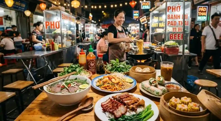 A vibrant Asian night market food stall table spread with bowls of beef pho, pad thai noodles, fresh spring rolls, dim sum baskets, and roast pork over rice.