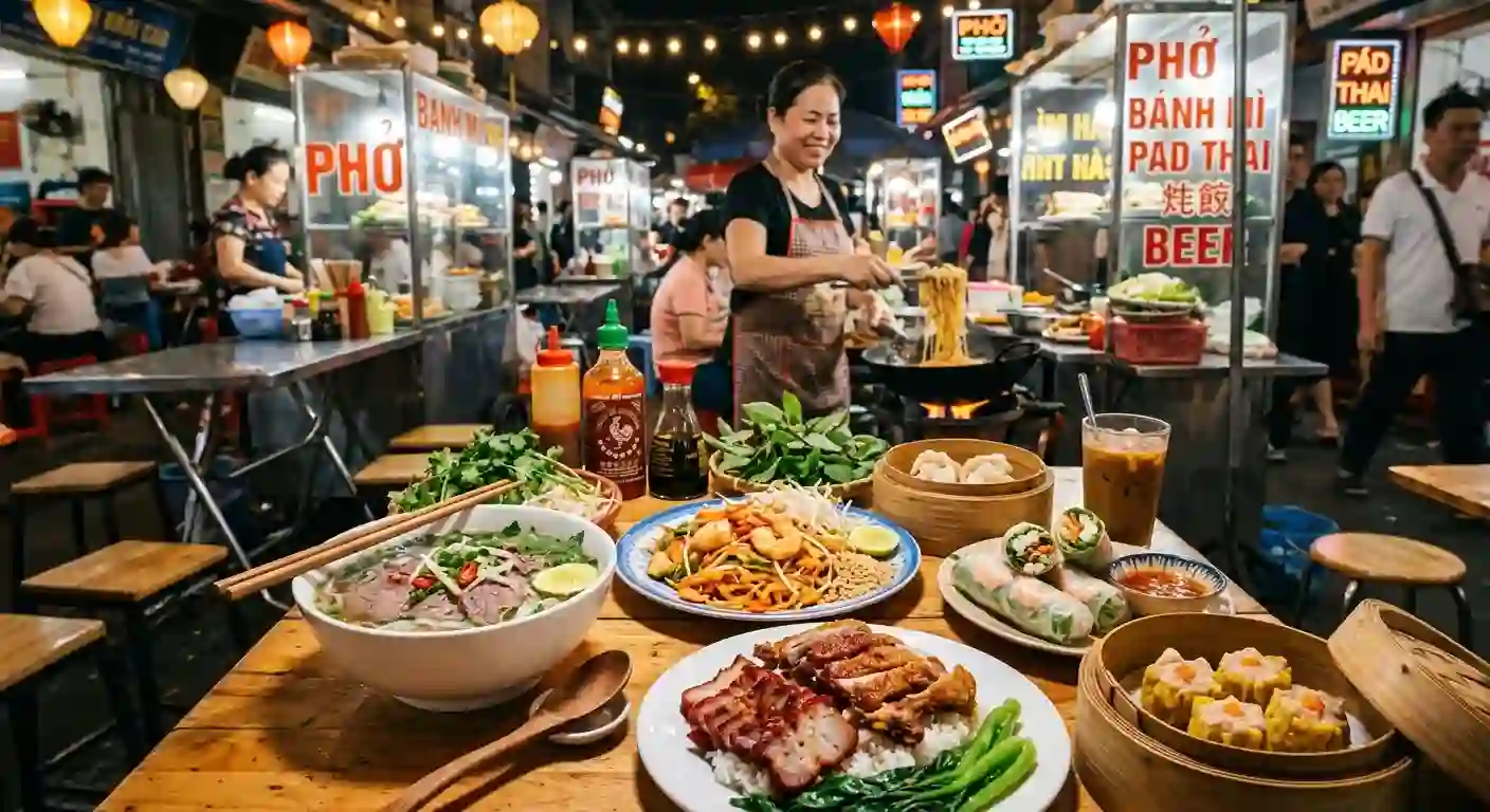 A vibrant Asian night market food stall table spread with bowls of beef pho, pad thai noodles, fresh spring rolls, dim sum baskets, and roast pork over rice.