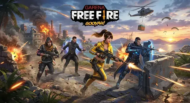 Garena Free Fire squad characters in action-packed battle royale fight with weapons and cover.