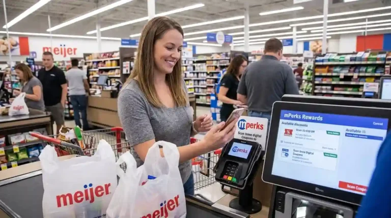 Woman scanning mPerks digital coupons on her phone at a Meijer self-checkout terminal