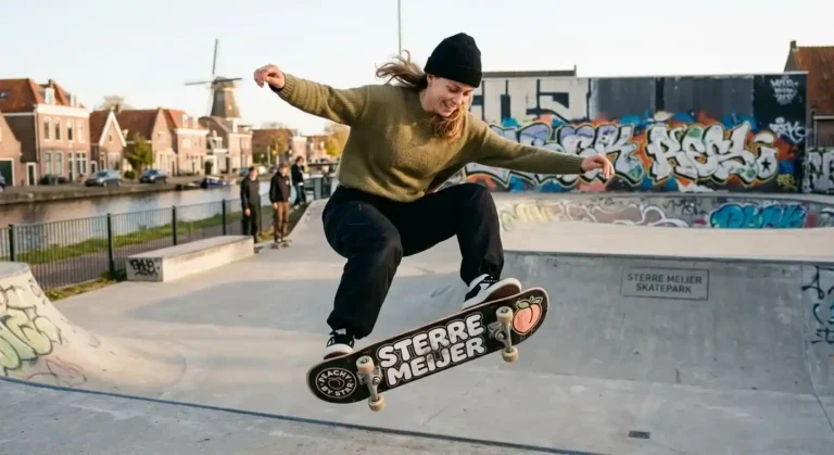 Sterre Meijer performing a skateboard trick at an outdoor Dutch skatepark with a traditional windmill and canal in the background.