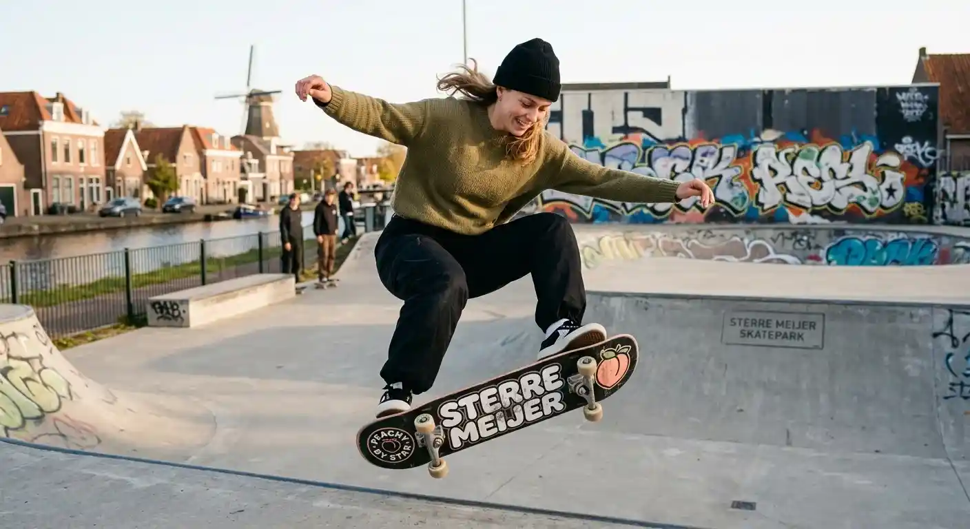 Sterre Meijer performing a skateboard trick at an outdoor Dutch skatepark with a traditional windmill and canal in the background.