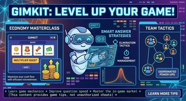 Illustrated banner displaying Gimkit hacks and gameplay strategies including economy upgrades, team tactics, and rapid response drills.