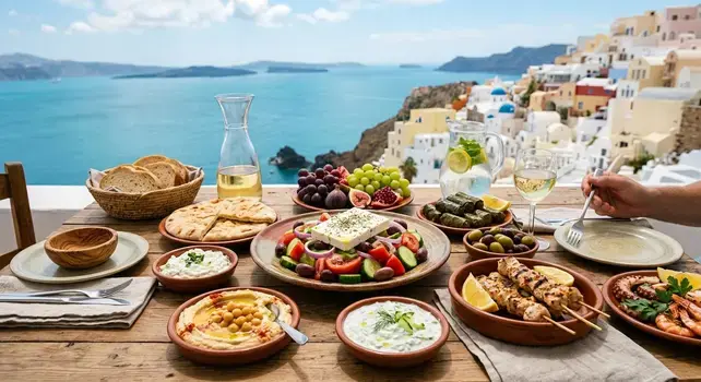 Mediterranean food spread featuring Greek salad, hummus, tzatziki, pita bread, and grilled skewers overlooking the sea.
