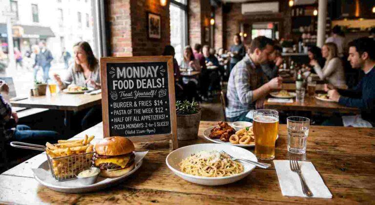 Wooden table in a busy restaurant with a chalkboard sign displaying Monday Food Deals including burgers, fries, pasta, and appetizers.