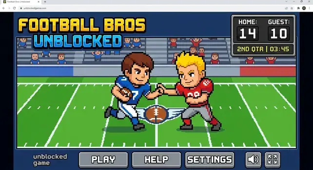 Football Bros Unblocked retro pixel art game screen showing 1v1 football match gameplay.