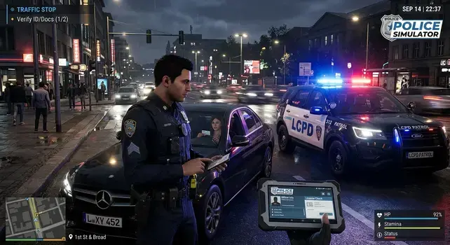 Police Simulator gameplay showing a police officer conducting a traffic stop at night with a patrol car and HUD interface