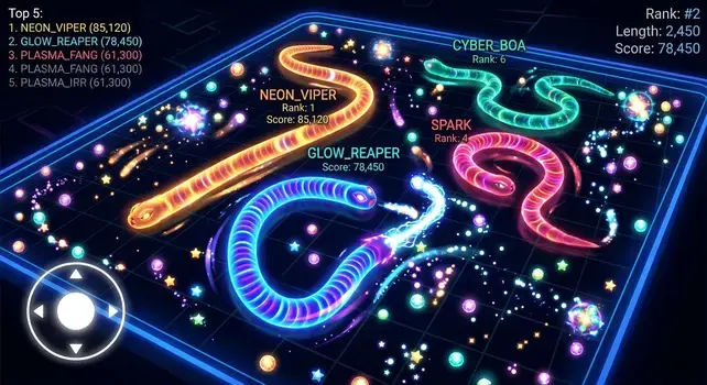 Vibrant Snake io unblocked arcade game featuring glowing neon snakes slithering on a grid map with light orbs and leaderboard.
