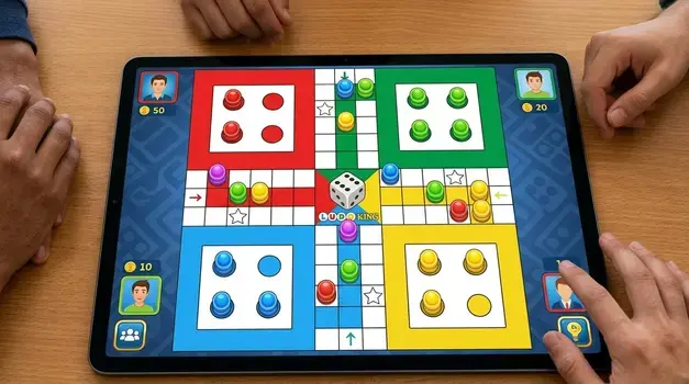 Four people playing Ludo King digital board game on a tablet resting on a wooden table.