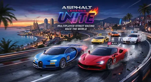 Asphalt Legends Unite high-speed multiplayer street racing cars on a coastal track