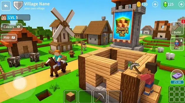 Block Craft 3D gameplay showcasing village building with wooden blocks, characters, and animals