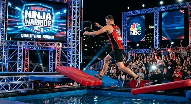An athlete jumping across obstacles over water at the American Ninja Warrior 2026 qualifying round stage.