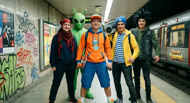 "Group of friends dressed up in Subway Surfers characters costumes on a subway station platform"