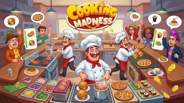 Cooking Madness game illustration showing chefs preparing burgers, pizza, and pasta in a busy restaurant kitchen for customers.