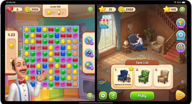 Homescapes mobile game split-screen interface showing a match-3 puzzle board on the left and Austin the butler renovating a mansion living room on the right.