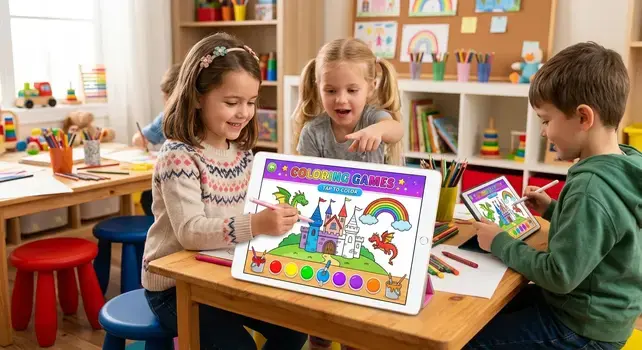 Kids playing interactive coloring games on a tablet in a bright classroom