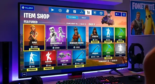 High-resolution Fortnite Item Shop user interface on a monitor screen displaying featured skins, cosmetics, emotes, and V-Bucks pricing.