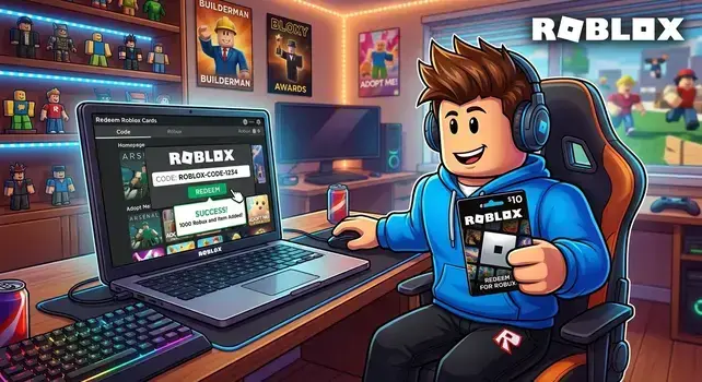 Roblox character redeeming a 10 dollar gift card code on laptop for Robux
