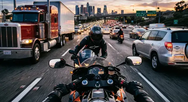 First-person view of a motorcycle rider weaving through heavy highway traffic at sunset with a city skyline in the background.