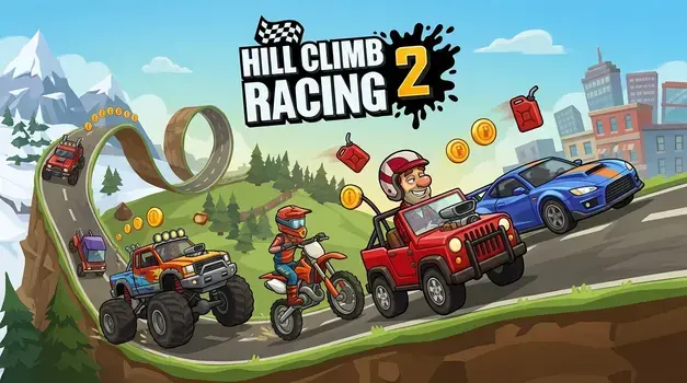 Hill Climb Racing 2 official game art featuring Bill Newton driving a red jeep with race vehicles, coins, and loop tracks.