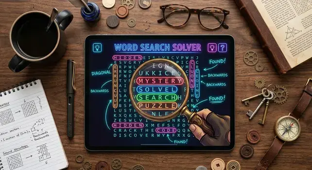 A real hand holding a brass magnifying glass over a vintage paper word search puzzle with hidden words.