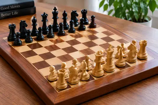 Wooden chess board with black and white chess pieces arranged for a game. Copy alt text
